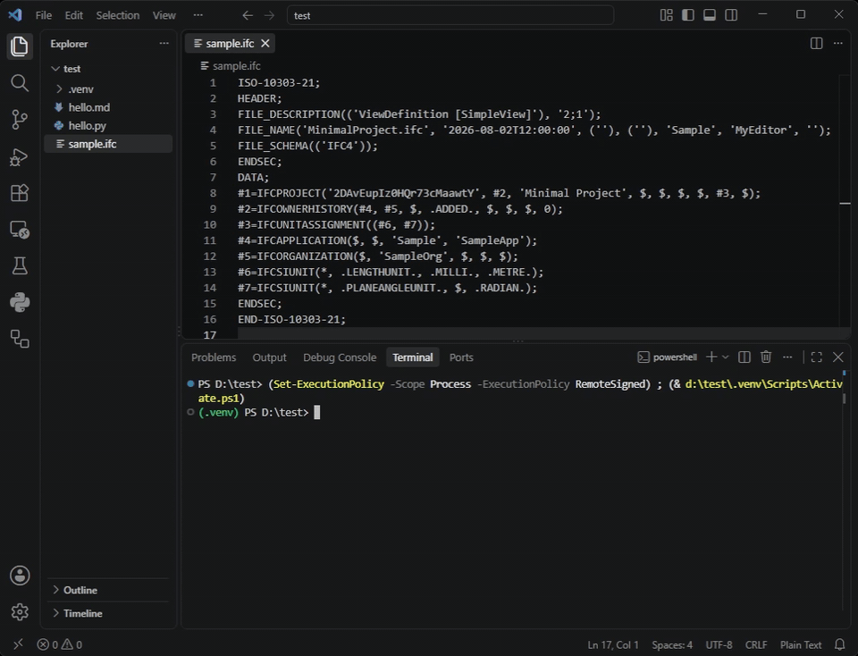 Running pygmentize -l step21 sample.ifc in a Visual Studio Code terminal